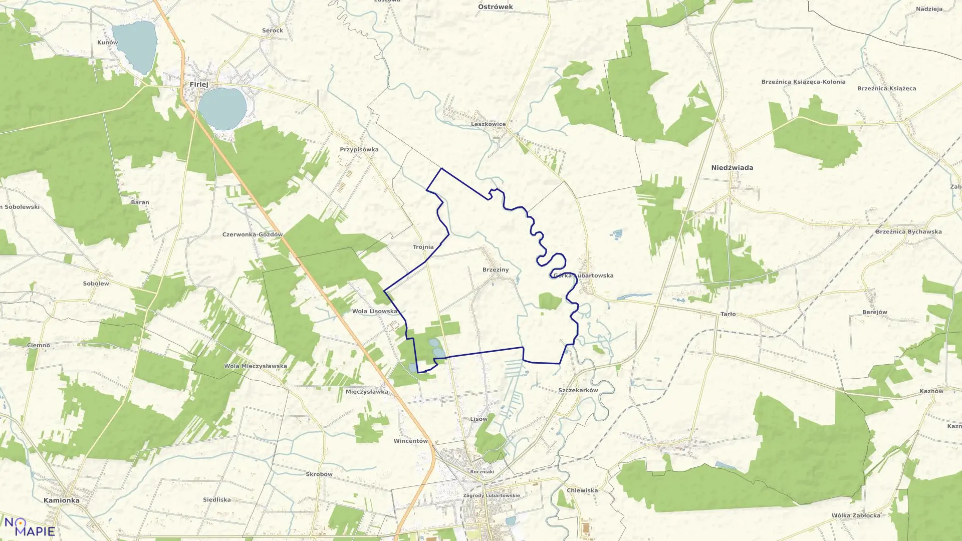 Mapa obrębu BRZEZINY w gminie Lubartów